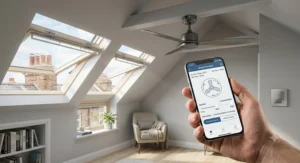 Sleek three-blade ceiling fan perfectly centred in a newly built rear dormer loft conversion bedroom.