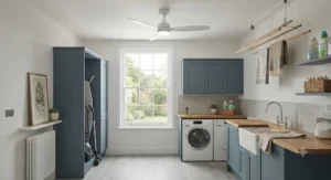 A professional installer securing a modern ceiling fan to the ceiling of a utility room.