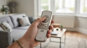 A close-up of a handheld remote control for adjusting ceiling fan speeds and lighting brightness.