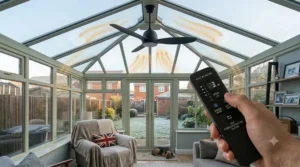 A hand holding a remote control to operate a black reversible motor ceiling fan in a glass UK conservatory during winter to prevent damp and condensation.