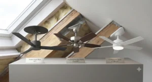 A display showcasing three different ceiling fan styles (Modern Matt Black, Traditional Brushed Nickel, and Contemporary White) mounted on mock-up sections of a 45-degree vaulted ceiling, illustrating the variety of options available for UK loft installations.