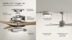 A stylish hugger ceiling fan featuring an energy-efficient integrated LED light fitting.