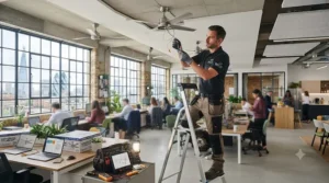 An electrical contractor safely installing a commercial-grade ceiling fan in a corporate workplace.