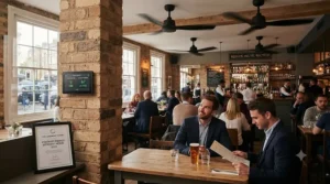Energy-efficient commercial ceiling fans helping to lower heating and cooling costs in a busy London restaurant.
