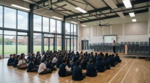 Large commercial ceiling fans providing ventilation in a bright UK school assembly hall with pupils in uniform seated on the floor.