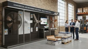 A selection of various commercial ceiling fan models and finishes displayed for businesses looking to purchase in large quantities.