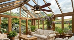 A high-detail, photorealistic view of a modern timber conservatory with a wooden ceiling fan spinning over a comfortable sofa area, looking out onto a bright British garden.