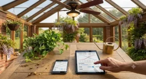 A close-up photorealistic shot of a hand using a digital tablet app to adjust the seasonal summer and winter temperature profile settings of a smart conservatory ceiling fan.