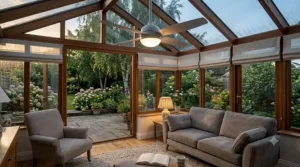 Stylish grey conservatory ceiling fan with a central glass globe light fixture illuminated during evening hours.