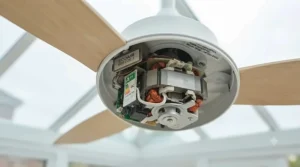 Close-up of a quiet, low-wattage motor on an energy-efficient conservatory fan.