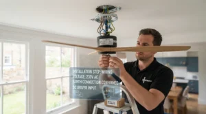 Electrician safely wiring a lightweight DC motor ceiling fan bracket to a British standard ceiling rose.