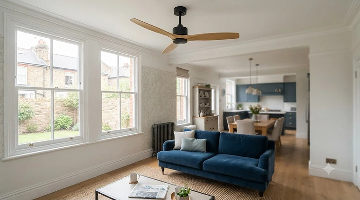 Modern energy-efficient DC motor ceiling fan with integrated LED light installed in a contemporary UK living room. DC motor ceiling fan