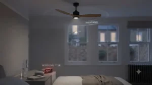 Ultra-quiet DC motor ceiling fan installed in a cosy British bedroom during the night.