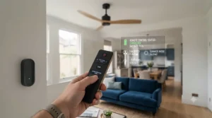 Hand holding a multi-speed remote control for a modern DC motor ceiling fan with reversible airflow settings.