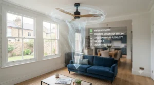 Diagram illustrating the reversible winter mode of a DC motor ceiling fan circulating warm air downwards in a UK home.
