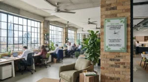 A stylish ceiling fan operating in a sustainable, eco-friendly office environment to reduce reliance on air conditioning.
