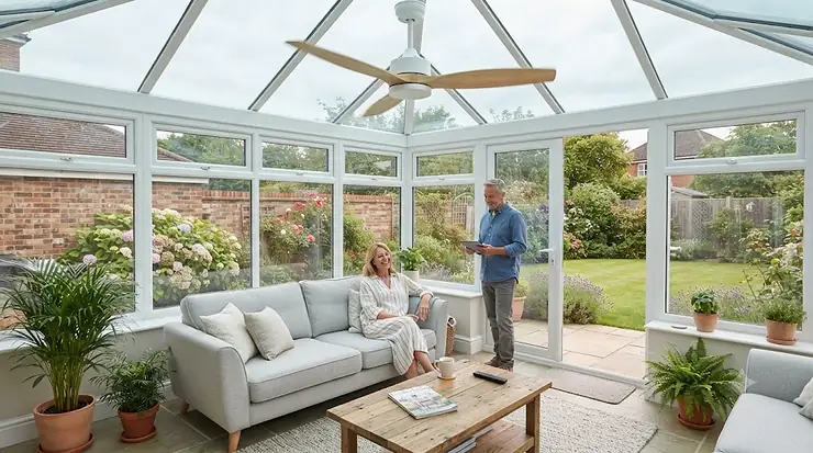 A modern, energy-efficient conservatory fan keeping a bright British garden room cool and comfortable during the summer. energy efficient conservatory fan