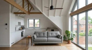 An illustrated guide showing how a DC motor ceiling fan optimized for sloped ceilings circulates warm air downwards in winter and provides a cooling breeze in summer, with icons representing UK energy star ratings and reduced heating costs.