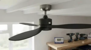 Low-energy DC motor garage ceiling fan helping to reduce electricity bills in a home workshop.