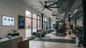 Energy-efficient industrial gym ceiling fans helping to lower heating and cooling costs in a large leisure centre.