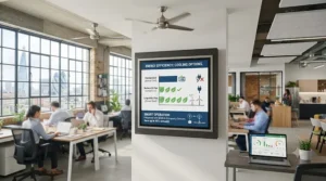 An infobox and modern office setting highlighting low energy consumption and cost-saving benefits when buying office ceiling fans in bulk.