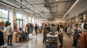 Sleek, dark commercial ceiling fans circulating air quietly in a bustling UK high street clothing store with customers browsing.