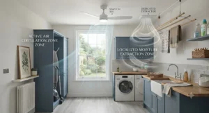 An infographic showing an active air circulation zone from a ceiling fan alongside a localised moisture extraction zone.