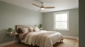 A peaceful bedroom interior featuring a quiet, low-profile ceiling fan for improved air circulation.