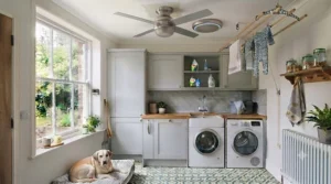 Flush-mount ceiling fan suitable for a utility room with low ceilings.