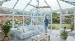 Diagram showing effective air circulation provided by an energy-efficient conservatory fan.