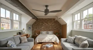 Matte black industrial ceiling fan accenting a brick-walled Victorian terrace loft conversion.