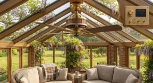 A detailed photorealistic view of a completed conservatory lounge setup featuring wicker sofas and a heavy brass year-round ceiling fan wired into a wall-mounted brass climate controller.