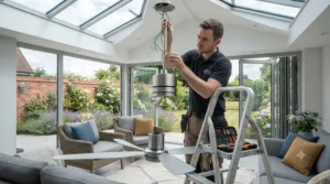 Professional technician installing a large ceiling fan in a high conservatory roof.