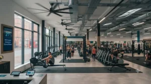 High-volume low-speed ceiling fans installed across a spacious fitness facility ceiling.