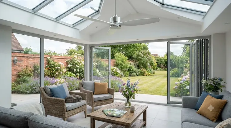 Large ceiling fan installed in a bright, modern British conservatory with a glass roof. large conservatory ceiling fans