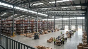 High-volume, low-speed (HVLS) industrial ceiling fans installed in a large, modern British logistics warehouse with pallet racking and staff working.