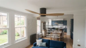 Flush-mount low-profile DC motor ceiling fan designed for rooms with standard or low UK ceiling heights.