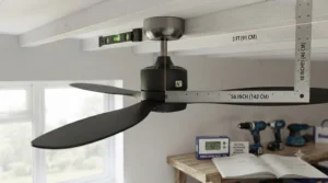 Flush-mount low-profile ceiling fan fitted to a standard single garage with limited headroom.