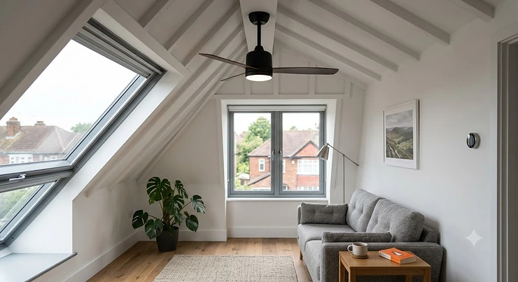 Professional photograph of a sleek, dark wood ceiling fan with an integrated LED light, perfectly mounted on a high white vaulted ceiling in a contemporary British loft conversion bedroom during a sunny afternoon, providing gentle, energy-efficient airflow. ceiling fan for sloped ceiling