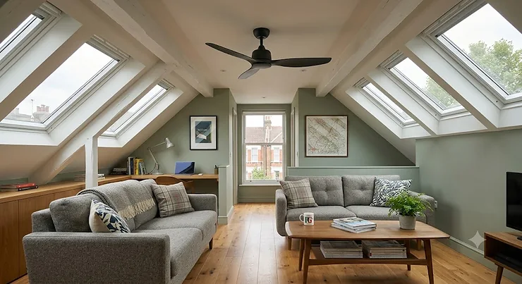 Contemporary flush-mount ceiling fan with integrated LED light installed in a modern UK loft conversion living space. ceiling fans for loft conversion