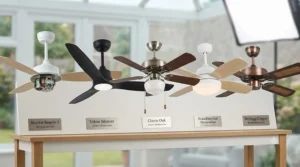 A selection of stylish, energy-efficient conservatory fans suitable for contemporary UK interiors.