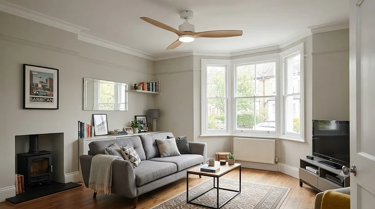 A contemporary flush mount ceiling fan with a sleek matte finish installed on a low living room ceiling in a modern British home. hugger ceiling fans