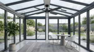 Sleek, low-profile flush mount conservatory ceiling fan in matt black, ideal for low-ceiling lean-to extensions.