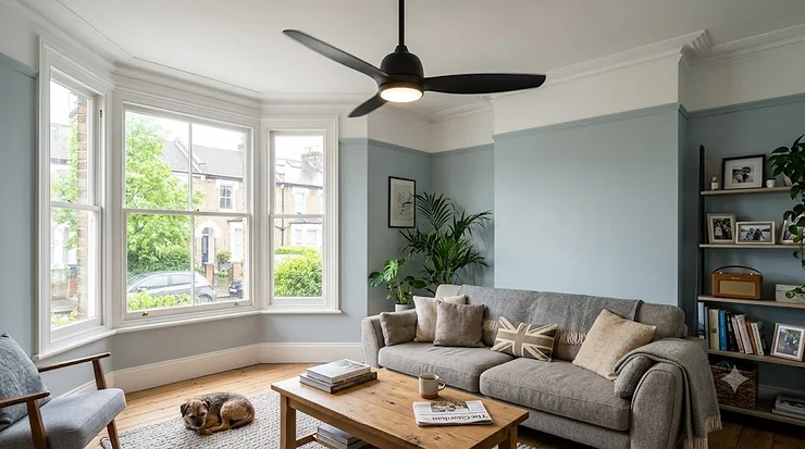 A modern UK living room with a reversible motor ceiling fan, bay window, grey sofa, and a dog resting on the floor. reversible motor ceiling fan