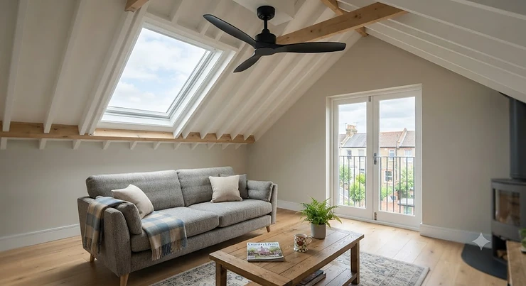 A stylish matt black ceiling fan installed correctly on a steeply pitched vaulted ceiling in a modern British loft conversion living room. Natural daylight streams through a large Velux window, and a grey sofa with a tartan throw is visible below. ceiling fan for 45 degree slope