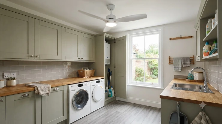 A modern ceiling fan installed in a bright, organised British utility room to improve air circulation. utility room ceiling fans