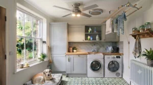Contemporary utility room featuring an efficient ceiling fan for air cooling.
