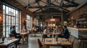 Stylish, large-blade commercial ceiling fans installed in a modern British restaurant with exposed brick and diners enjoying a meal.