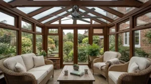 A quiet, energy-efficient DC motor conservatory ceiling fan spinning smoothly above a comfortable wicker sofa set.