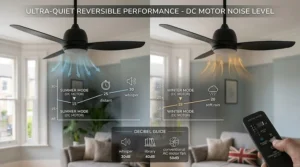 An infographic comparing the ultra-quiet decibel levels of a DC motor ceiling fan in summer and winter modes against standard household noise levels.